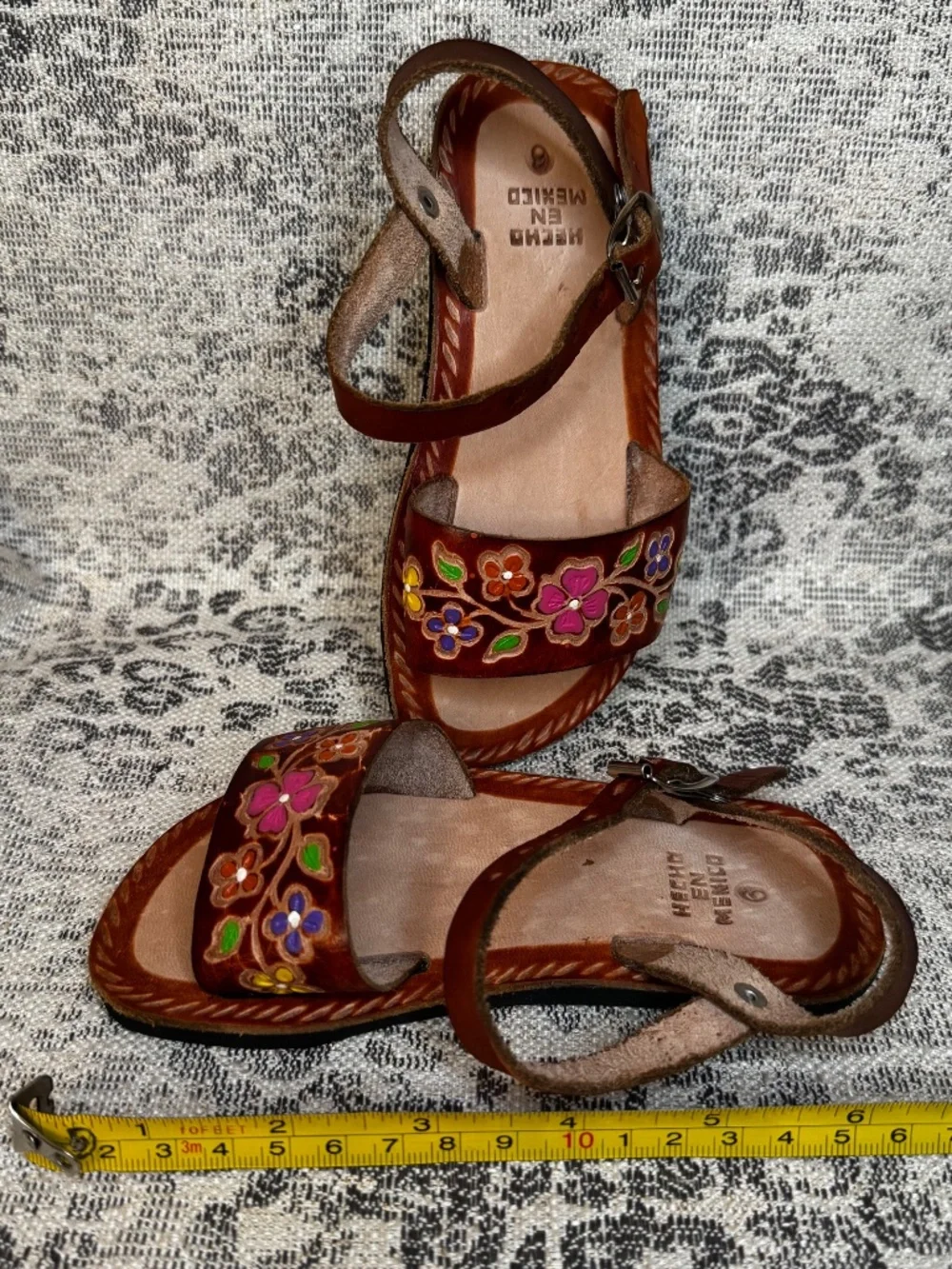 Girls Mexican Leather Huaraches Size 6 Handmade Multi Color Floral Pattern